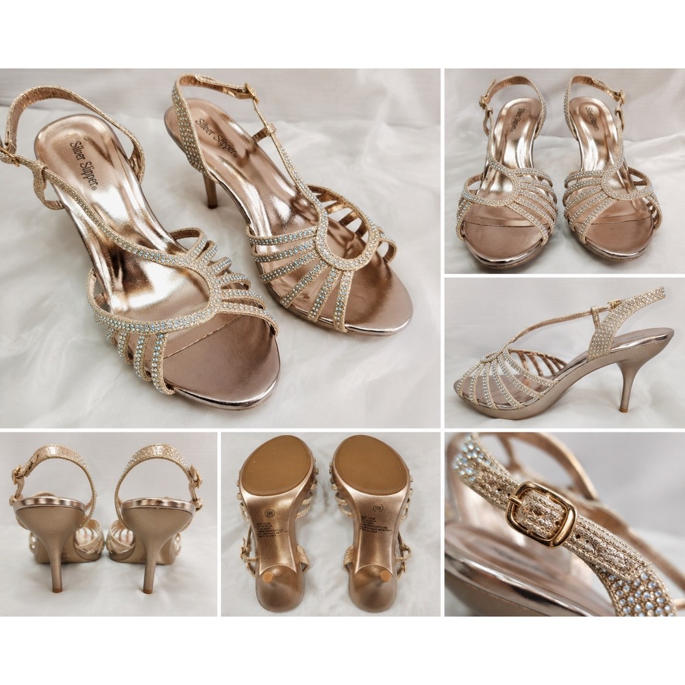Silver Slipper Womens 10W Champagne Rhinestone Strappy Sandals Evening Wear